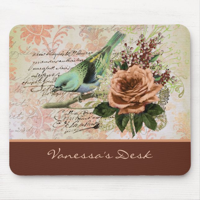 Handwriting und Vogel auf Vintager Peach-Rose  Mousepad (Vorne)