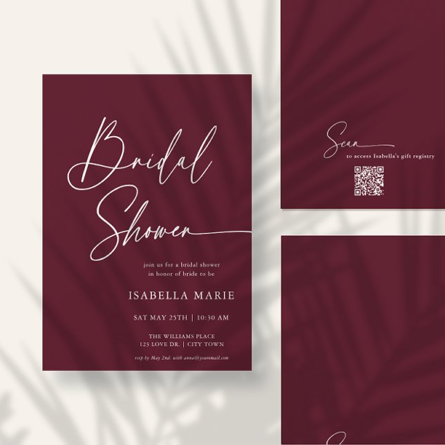 Handwritten Modern MInimal Burgundy Bridal Shower Einladung (Front and back of flat 5x7 bridal shower invitation. Choose size, corner + paper style.)