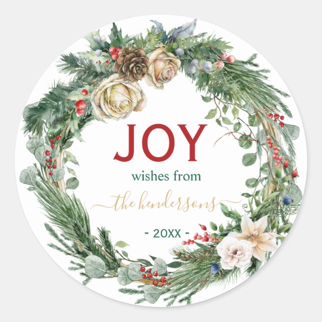 Handwritten Script Christmas Joy Wreath Name  Runder Aufkleber (Vorderseite)