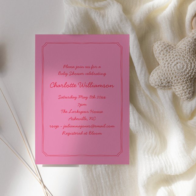 Handwritten Script Pink Red Border Baby Shower Einladung (Von Creator hochgeladen)