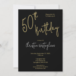 Handwritten Script Simple Black Gold 50th Birthday Einladung