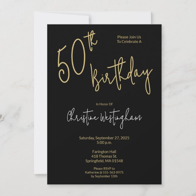 Handwritten Script Simple Black Gold 50th Birthday Einladung (Vorderseite)