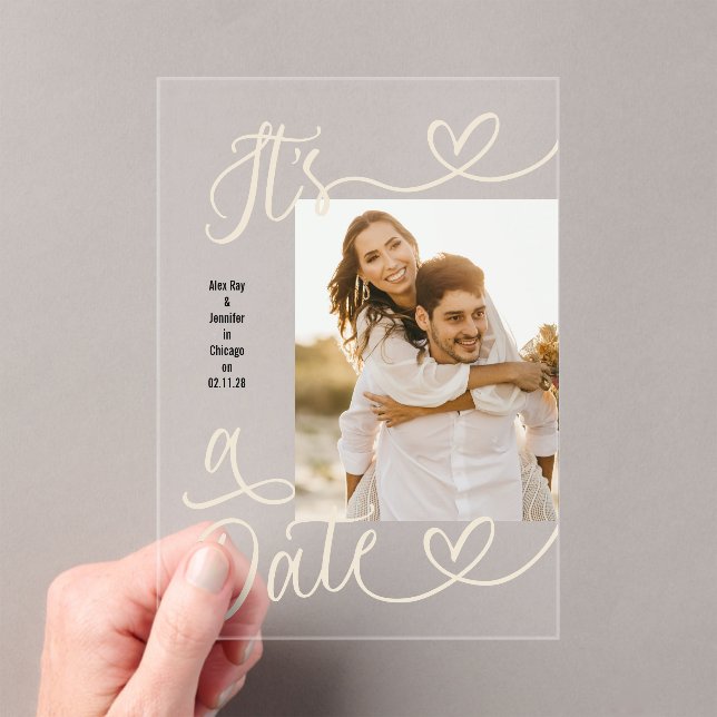 Handwritten Simple Heart It's A Date Photo Wedding Acryleinladungen (Insitu (Handheld))
