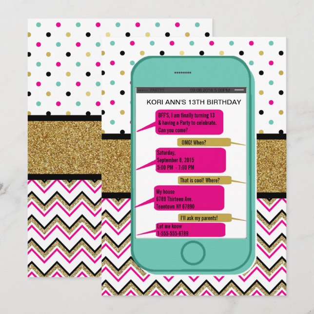 Handy Simse Einladung - Teen Birthday (Vorne/Hinten)
