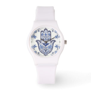 Handzeichen Hamsa - Blau und Weiße Hand Fatima Armbanduhr