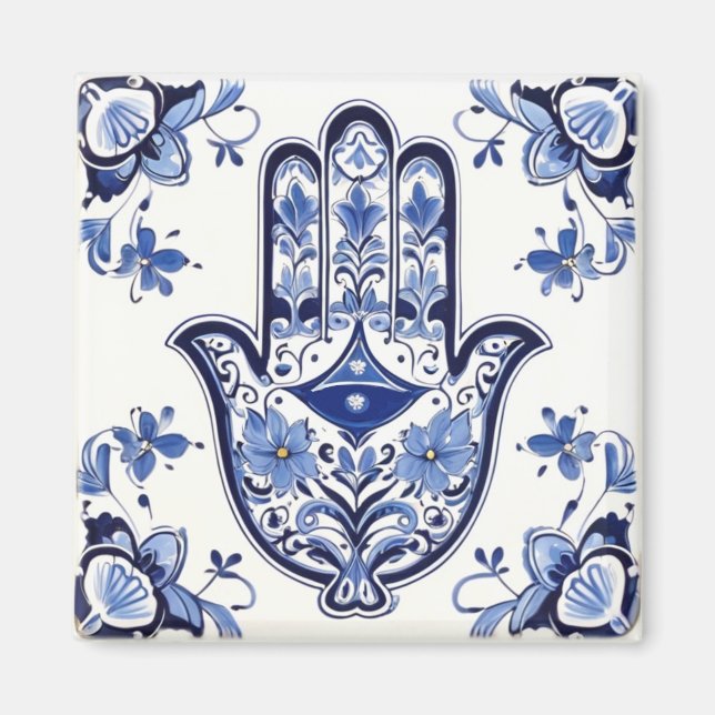 Handzeichen Hamsa - Blau und Weiße Hand Fatima Magnet (Vorne)