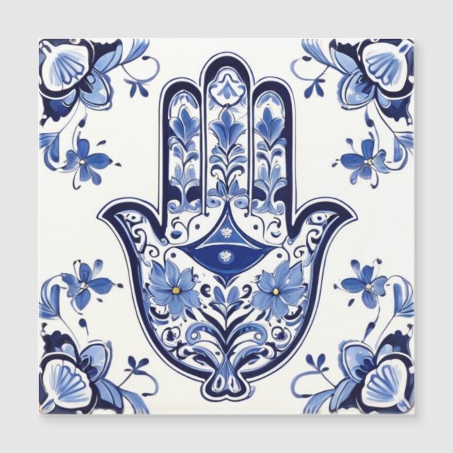 Handzeichen Hamsa - Blau und Weiße Hand Fatima Magnetkarte (Vorderseite)