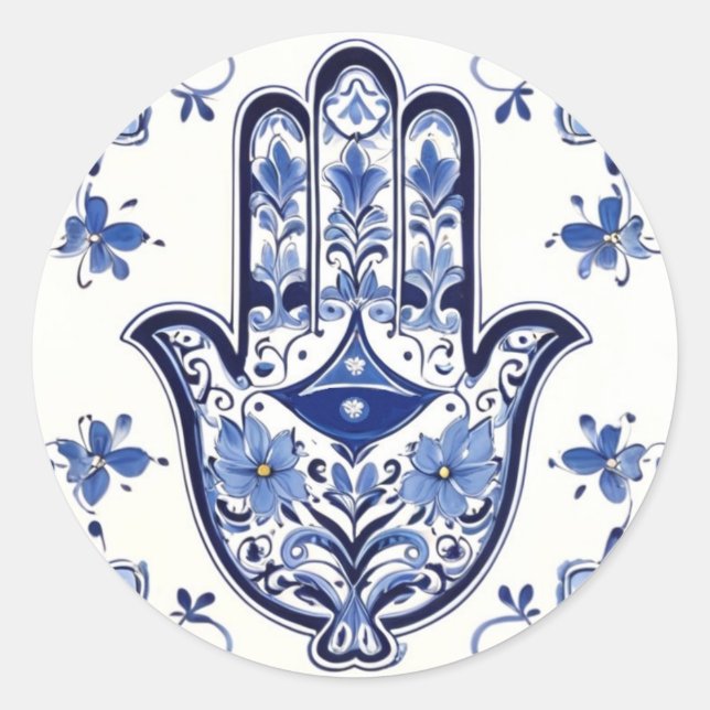 Handzeichen Hamsa - Blau und Weiße Hand Fatima Runder Aufkleber (Vorderseite)
