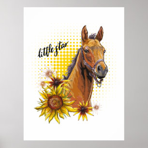 Handzeichnend Pferd mit Sonnenblumen T - Shirt Leb Poster