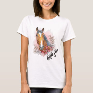Handzeichnung Pferd mit Pflanzen und Blumen T-Shirt