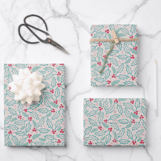 Handzeichnung Weihnachten Holly Berries Red Green Geschenkpapier Set