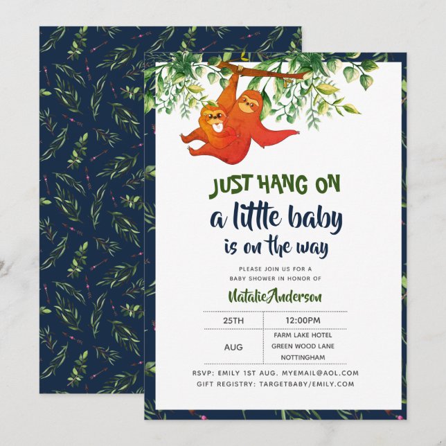 Hang einfach auf Sloth Baby Shower Boys Mädchen ne Einladung (Vorne/Hinten)