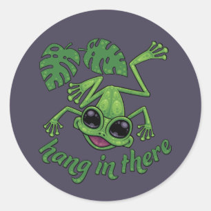 Hang in There Happy Green Tree Frog Runder Aufkleber