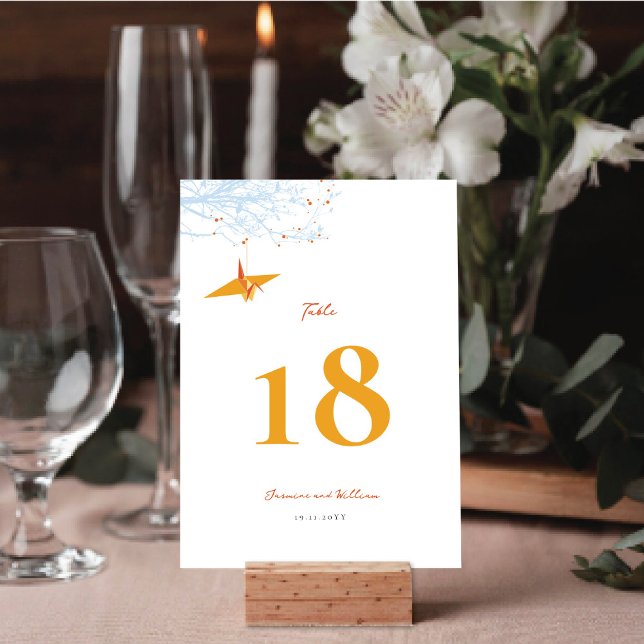 Hangami Origami Orange Paper Crane Asian Wedding Tischnummer (Hanging Origami Orange Paper Crane Asian Wedding Table Number Card @ fatfatin_red_knot)