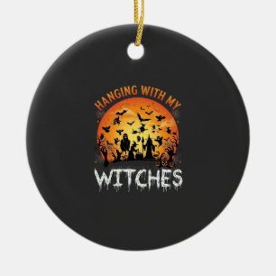 Hängende Hexen Halloween Mond Fledermäuse Kürbisse Keramik Ornament