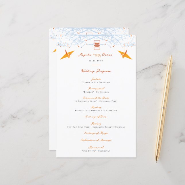 Hängende orange Papierkraniche 囍 Hochzeitsprogramm (Vorderseite/Rückseite Beispiel)