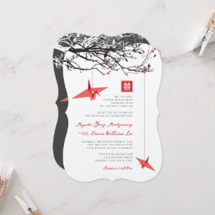 Hängende Origami-Papierkrane Liebeszitat Hochzeit Einladung