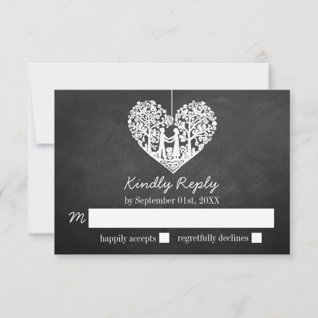 Hangherz Tree Chalkboard Wedding RSVP Karte (Vorderseite)