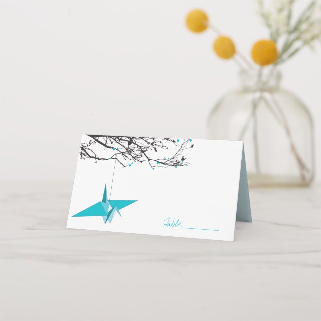 Hanging Blue Origami Paper Cranes Asiatische Hochz Platzkarte (Vorderseite)
