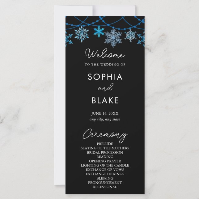 Hanging Blue Snowflakes Black Wedding Programm (Vorderseite)