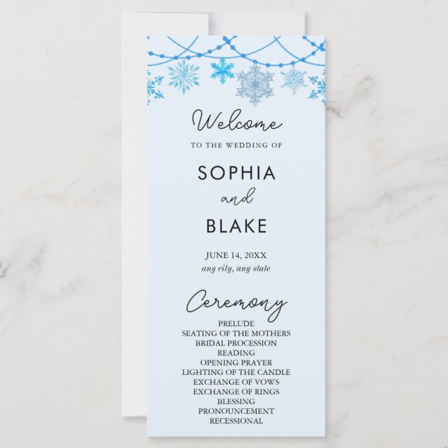 Hanging Blue Snowflakes Blue Wedding Program (Vorderseite)