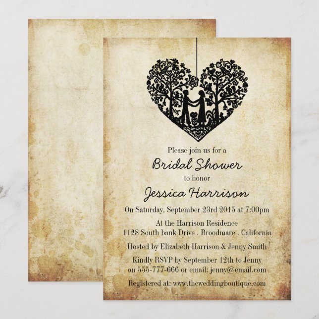 Hanging Heart Tree Vintages Brautparty Einladung (Vorne/Hinten)