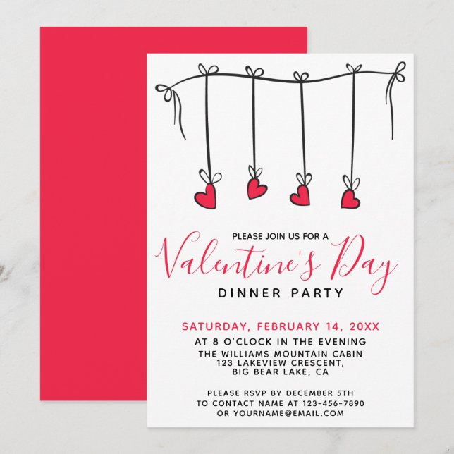 HANGING HEARTS Valentine's Day Dinner Party Einladung (Vorne/Hinten)
