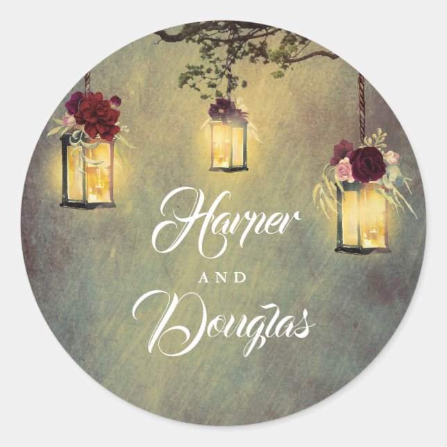 Hanging Lanterns Burgundy Red Wedding Runder Aufkleber (Vorderseite)