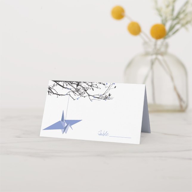 Hanging Lila Origami Paper Cranes asiatische Hochz Platzkarte (Vorderseite)