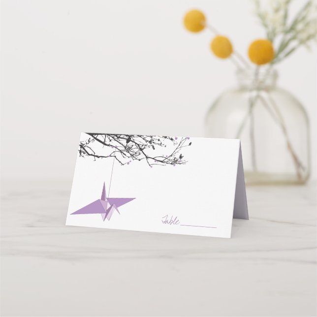 Hanging Lilac Origami Paper Cranes Asian Wedding Platzkarte (Vorderseite)