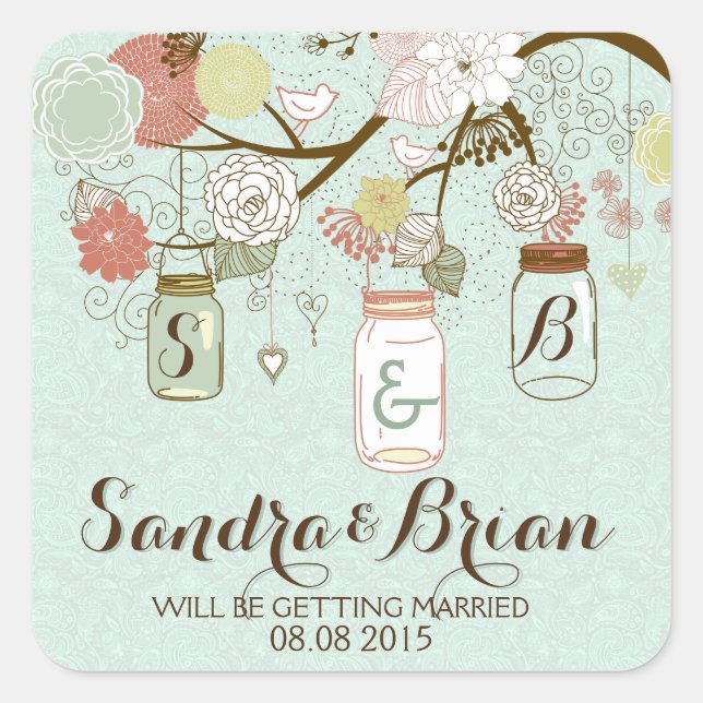 Hanging Mason Jar & & Blume Hochzeitsticker Quadratischer Aufkleber (Vorderseite)