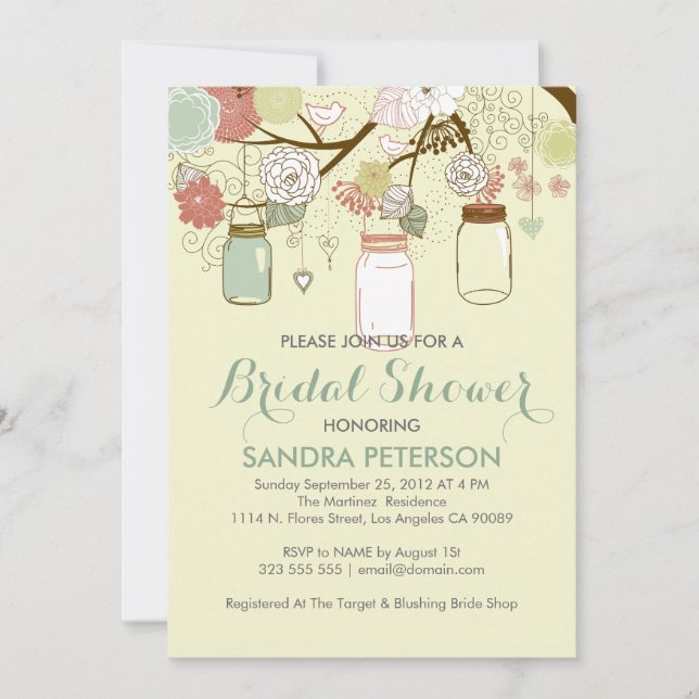 Hanging Mason Jar & Retro Blume Brautparty Einladung (Vorderseite)