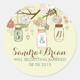 Hanging Mason Jar & Retro Blume Hochzeitsticker Runder Aufkleber