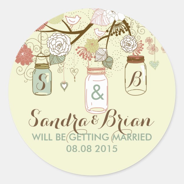Hanging Mason Jar & Retro Blume Hochzeitsticker Runder Aufkleber (Vorderseite)