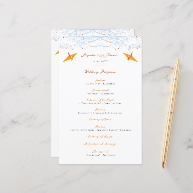 Hanging Orange Papier Granes Programme de mariage  (Devant/Arrière en situation)