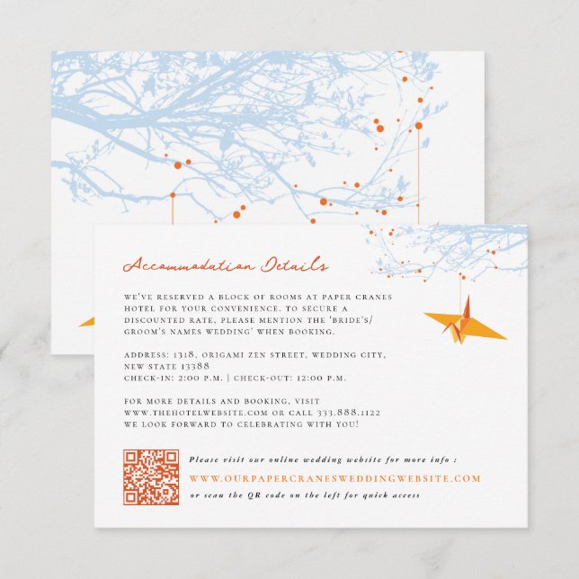 Hanging Origami Orange Crane Asiatische Hochzeitde Begleitkarte (Vorne/Hinten)