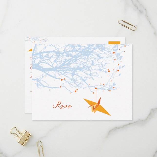 Hanging Origami Orange Cranes Asian Wedding RSVP Einladungspostkarte (Vorderseite/Rückseite Beispiel)