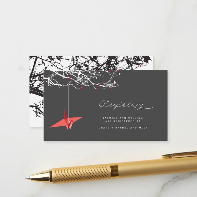 Hanging Origami Paper Crane Asian Wedding Registry Begleitkarte (Vorderseite/Rückseite Beispiel)
