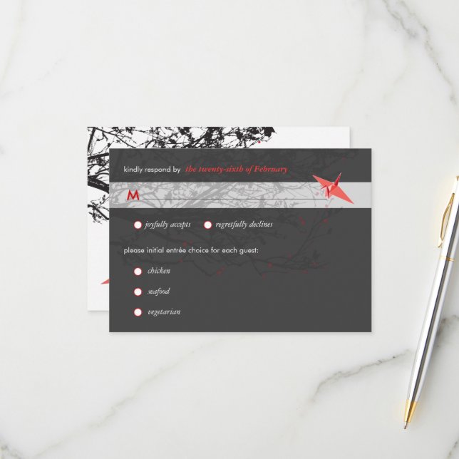 Hanging Origami Paper Cranes Asian Wedding RSVP (Vorderseite/Rückseite Beispiel)