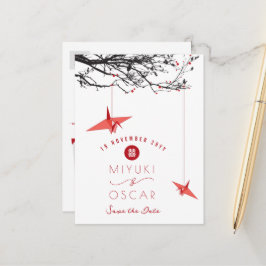 Hanging Origami Red Paper Cranes Zen Save the Date Ankündigungspostkarte