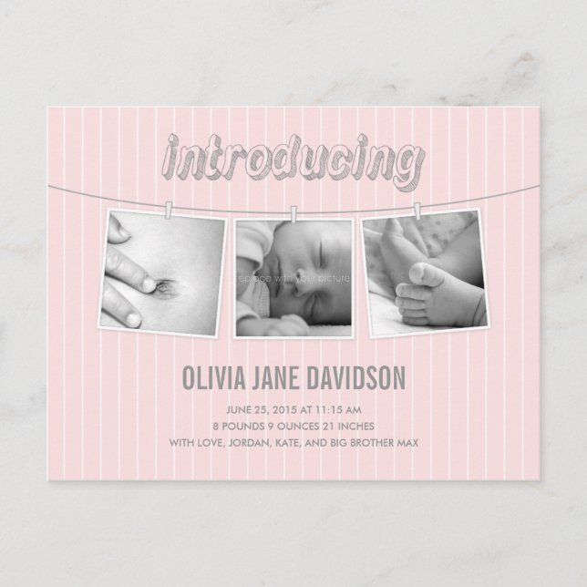 Hanging Pictures Birth Announcement - Baby Girl Ankündigungspostkarte (Vorderseite)