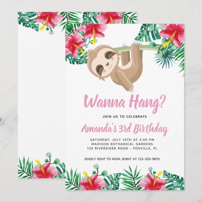 Hanging Sloth Girl Anniversaire Invitation (Devant / Derrière)