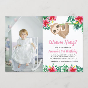 Hanging Sloth Girl Anniversaire Photo Invitation