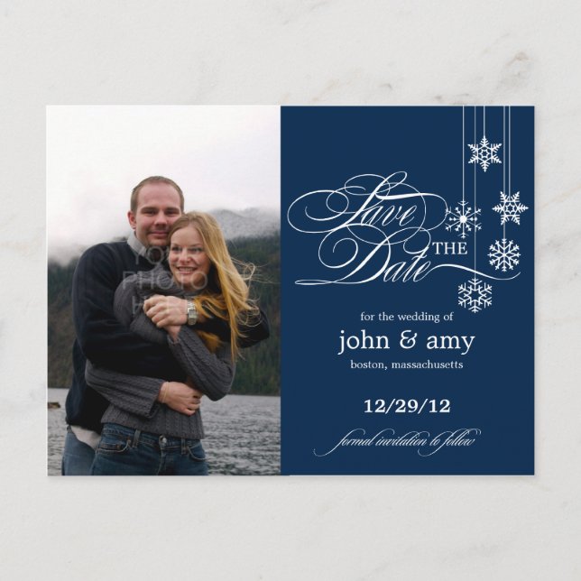 Hanging Snowflakes Foto Save the Date (Marine) Ankündigungspostkarte (Vorderseite)