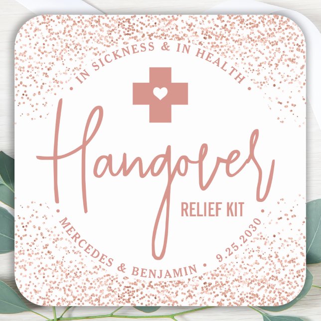 Hangover Relief Kit Rose Gold Gastgeschenk Hochzei Quadratischer Aufkleber (Von Creator hochgeladen)
