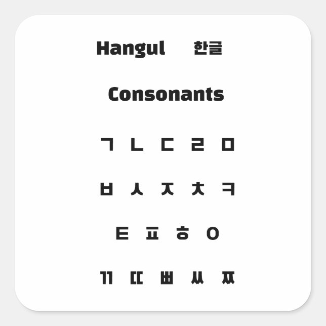 Hangul-Konsonanten / 한 글 자 음 Quadratischer Aufkleber (Vorderseite)