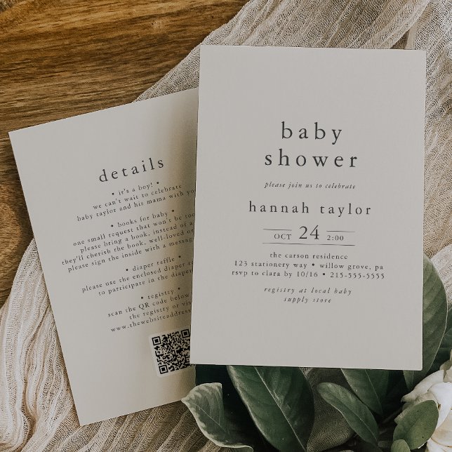 HANNAH Rustikale Vintage Creme QR Einfache Babydus Einladung (HANNAH Rustic Vintage Cream QR Simple Baby Shower Invitation)