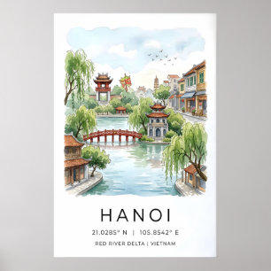 Hanoi-Wasserfarbdruck, rote Brücke, See Poster