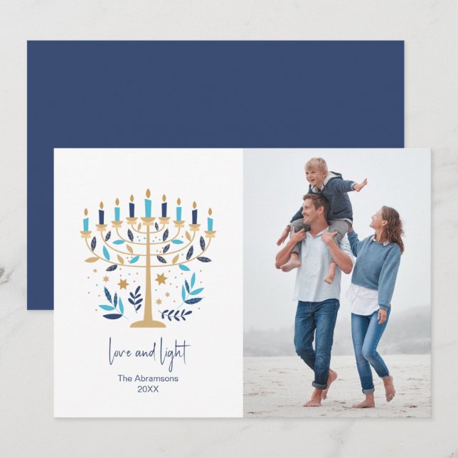 Hanoukka Love & Light Floral Menorah Carte photo (Devant / Derrière)