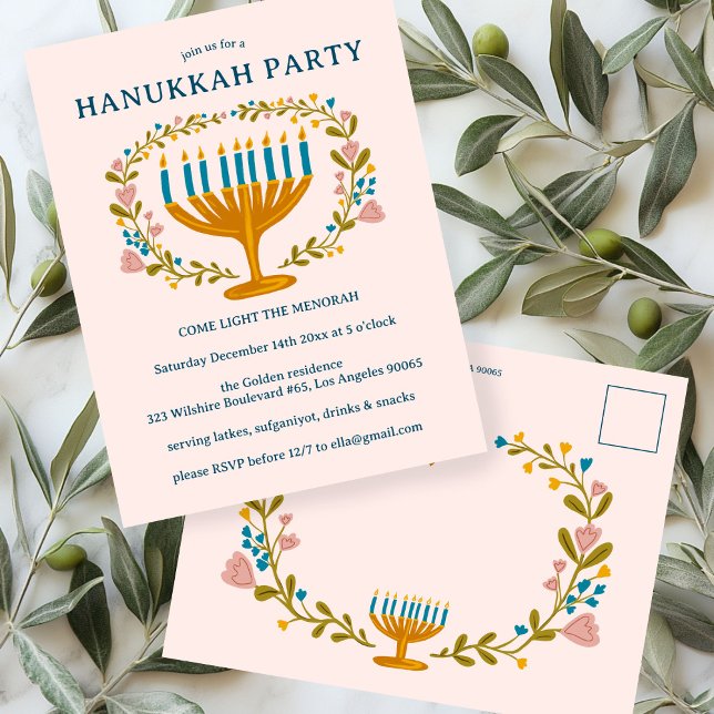 HANOUKKA PARTY Invitation couronne florale CUSTOM (HANUKKAH PARTY Invitation floral wreath CUSTOM Postcard Invite
)